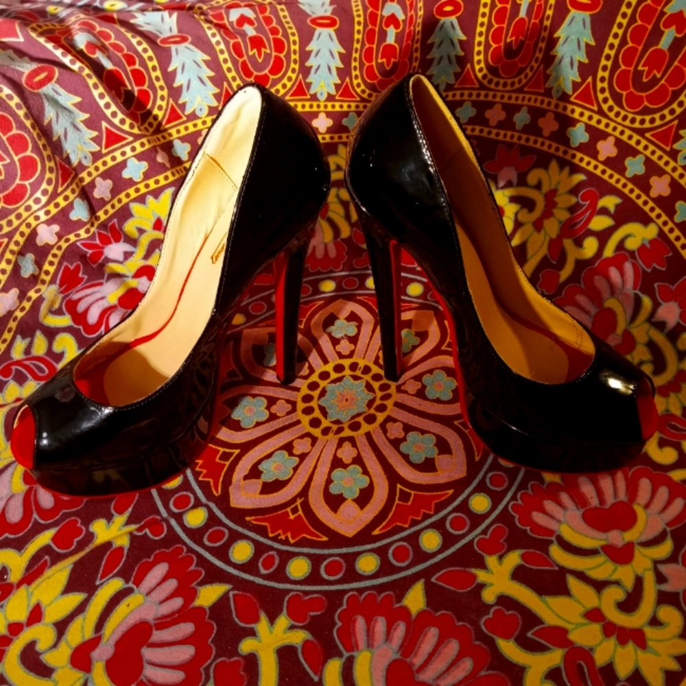 Only maker red and black platform peep toe stiletto pumps